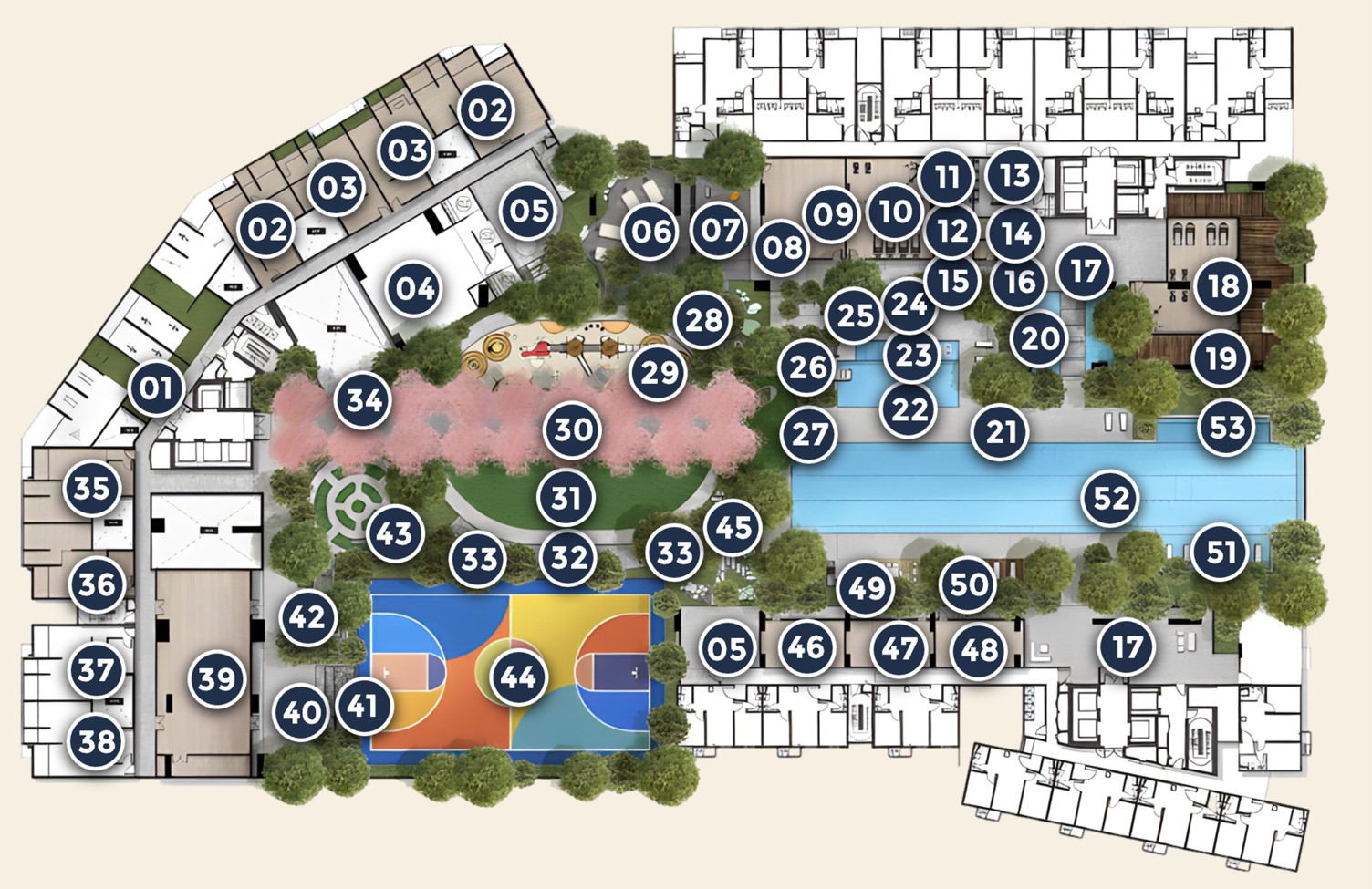 The facilities plan across all six podium zones. Indicative and subject to change by the developer.