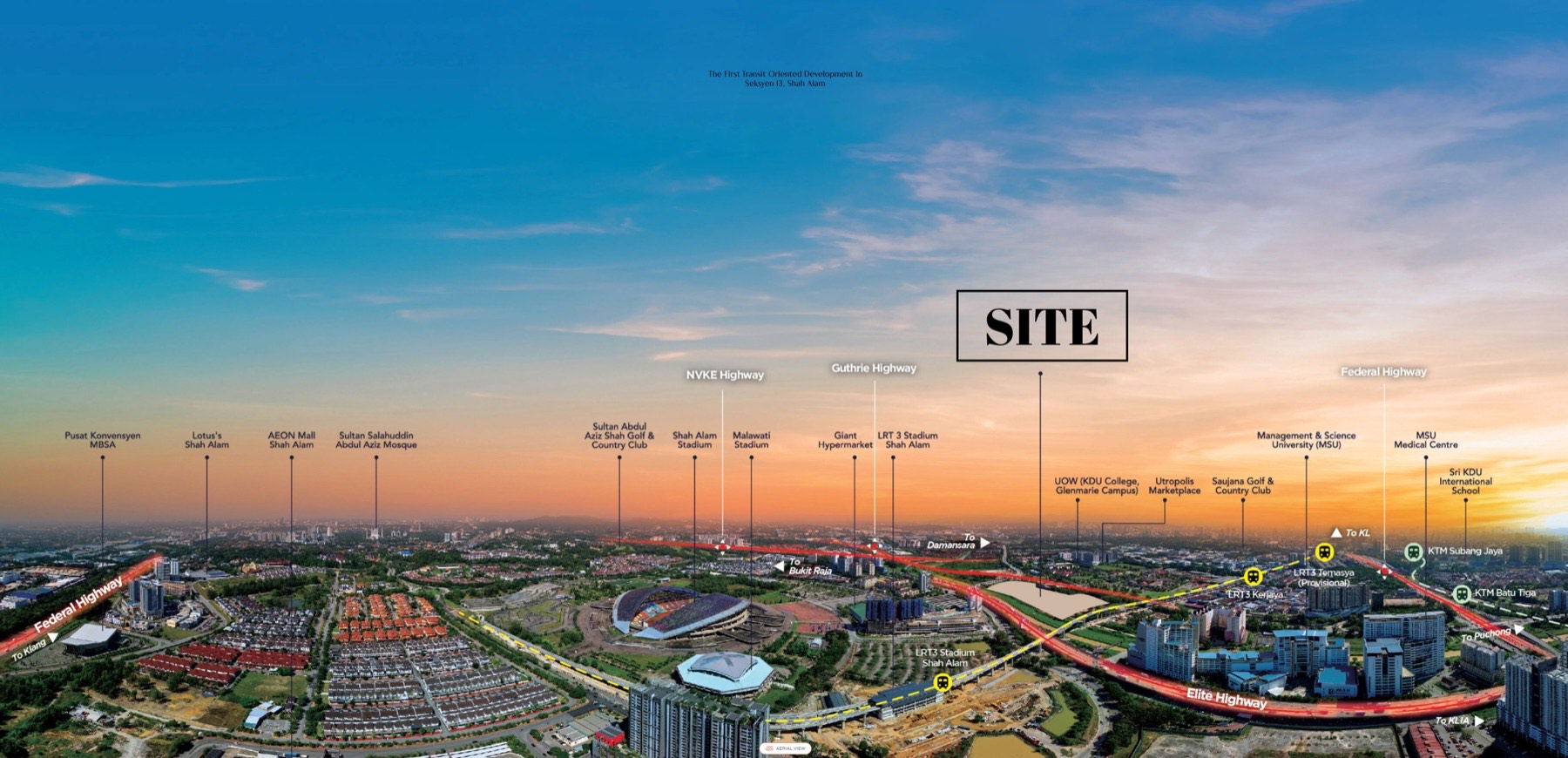 Labelled aerial across Shah Alam showing the stadium precinct, the LRT3 alignment and the highways