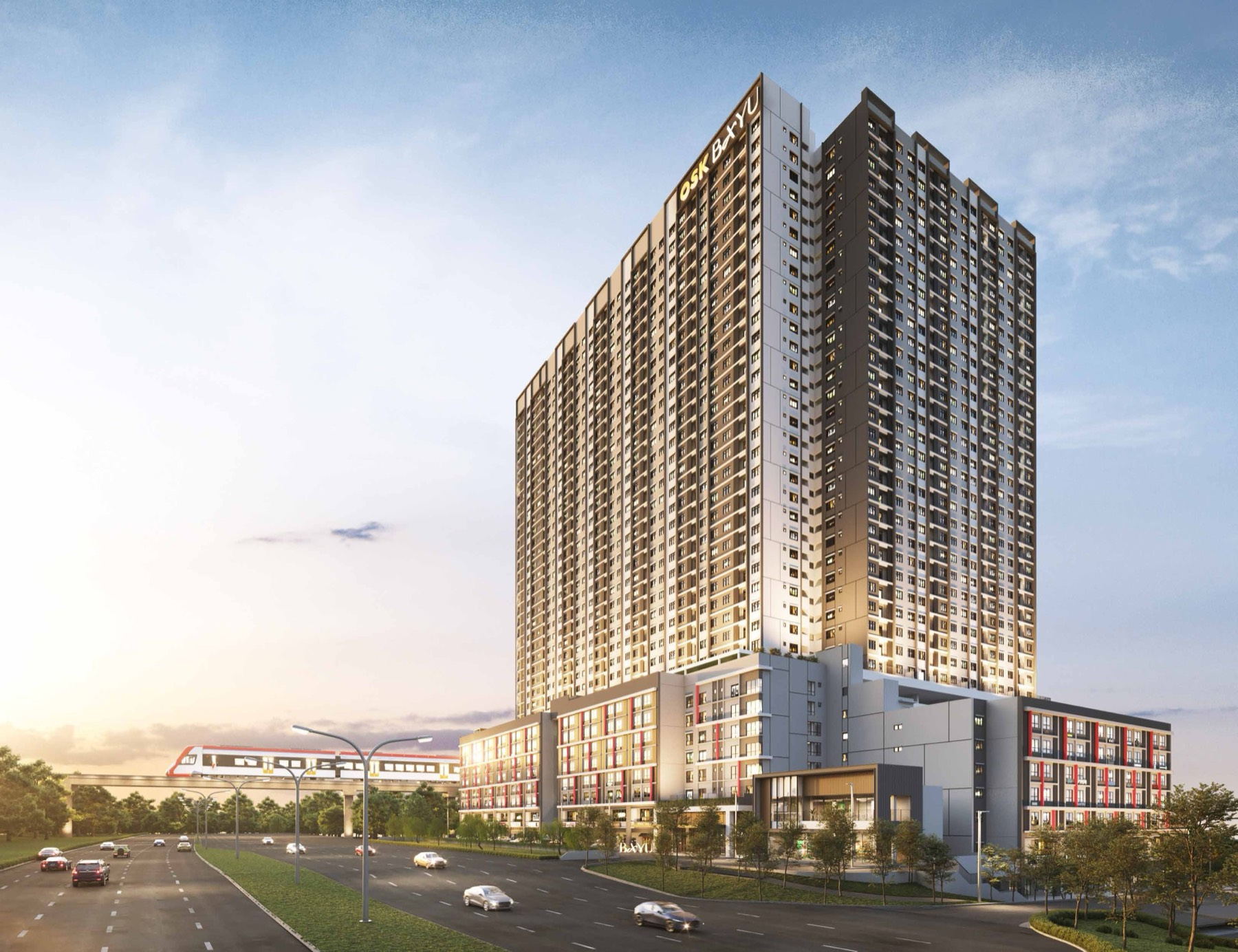 Bayu Residences at Mori Park with the LRT3 viaduct in front