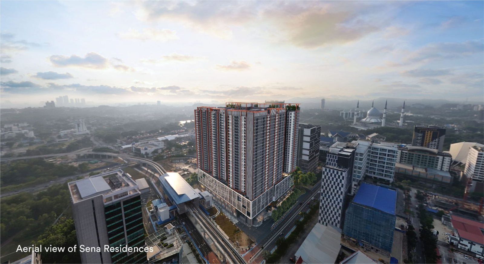Aerial view of Sena Residences beside the LRT line in Seksyen 14