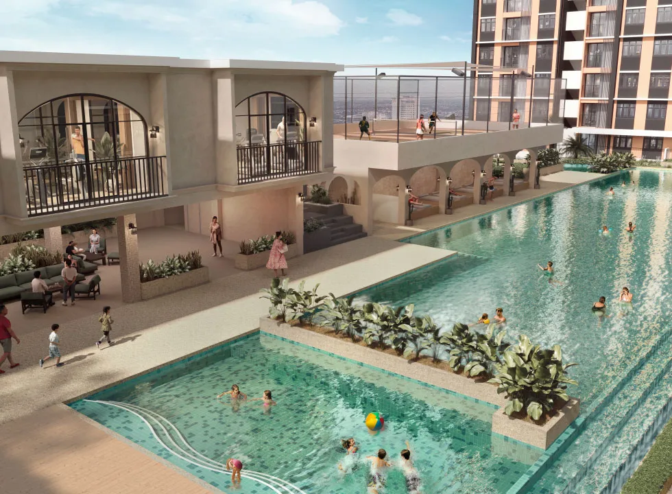Pool piazza and facilities pavilion