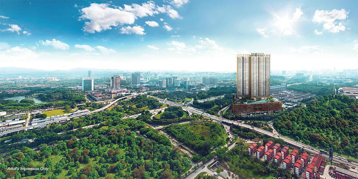 Viera 15 seen from the air, the tower set among the greenery of Section 15, Shah Alam