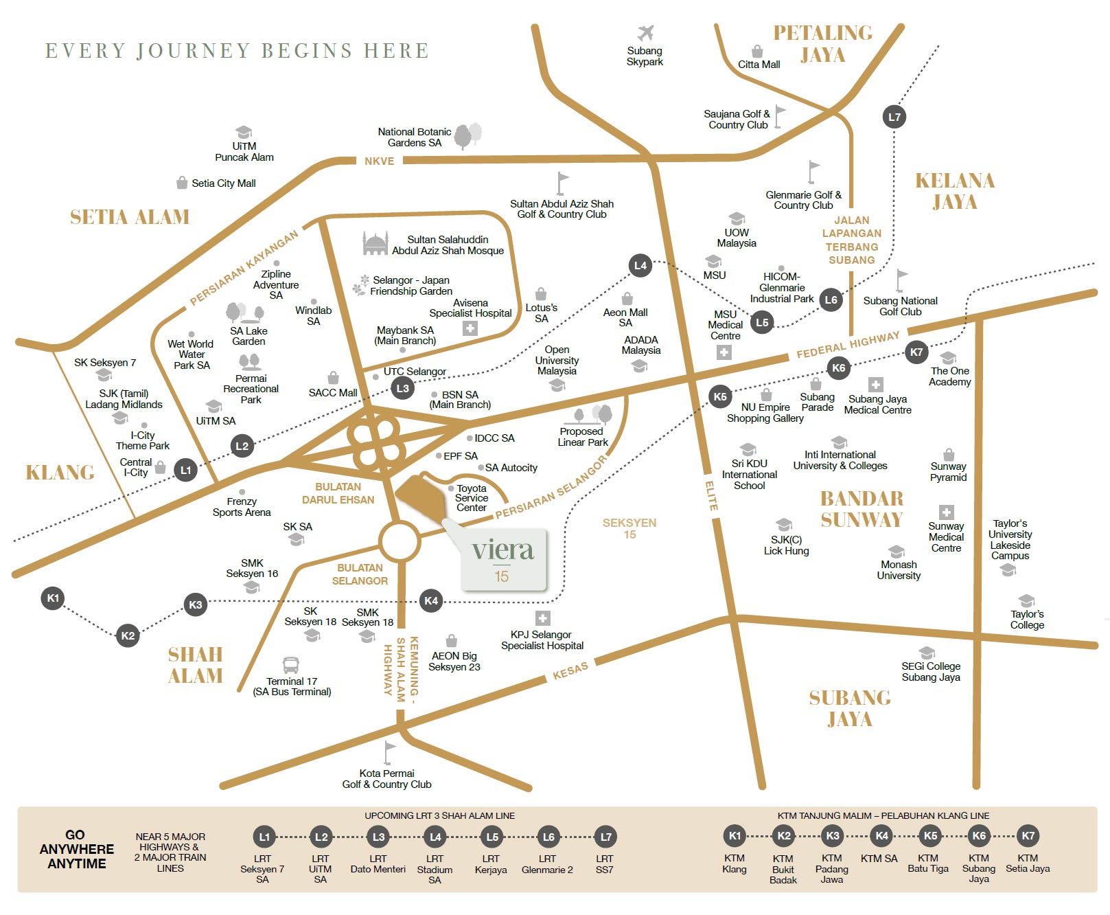 Location map for Viera 15 in Section 15, Shah Alam, showing highways, rail lines and amenities